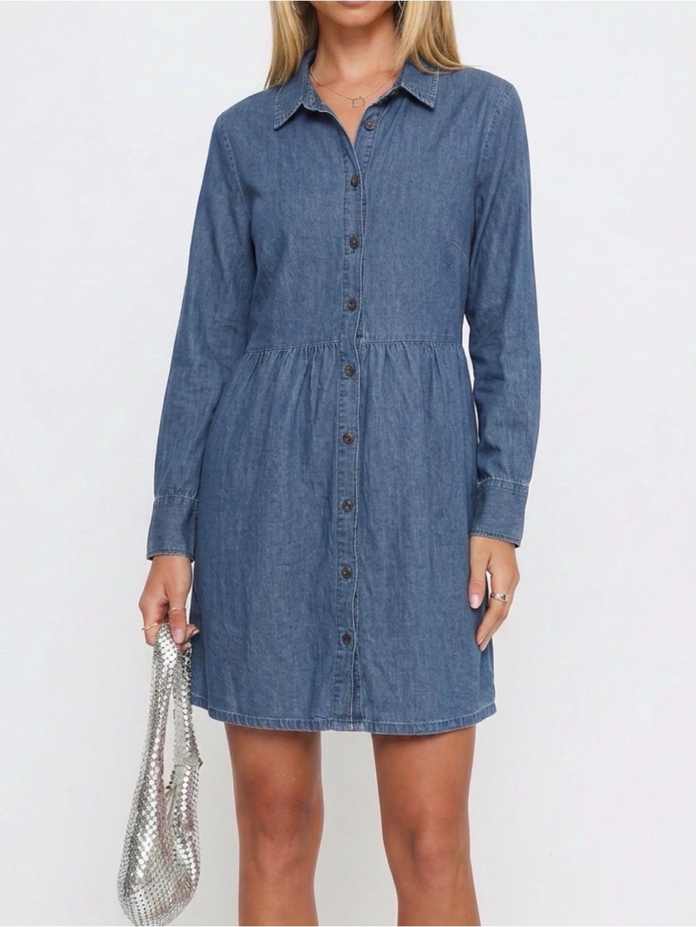 Nine West Blue Button-Front Denim Shirt Dress